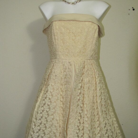 Yellow Lace Strapless Midi Dress – Off Shoulder A-Line Cocktail Party Dress - Picture 1 of 6